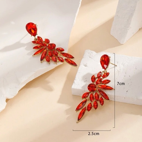 Red Dangling Pierced Earrings - Faux Ruby - Picture 4 of 7